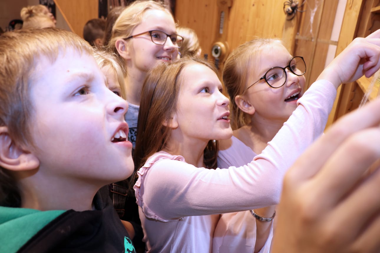 Cristo Kolehmainen, Katri Kukkala, Viena Närhi ja Lumia Mäenpää tutkivat, mitä kaikkea tavalliselta näyttävän kirjahyllyn uumeniin kätkeytyykään.