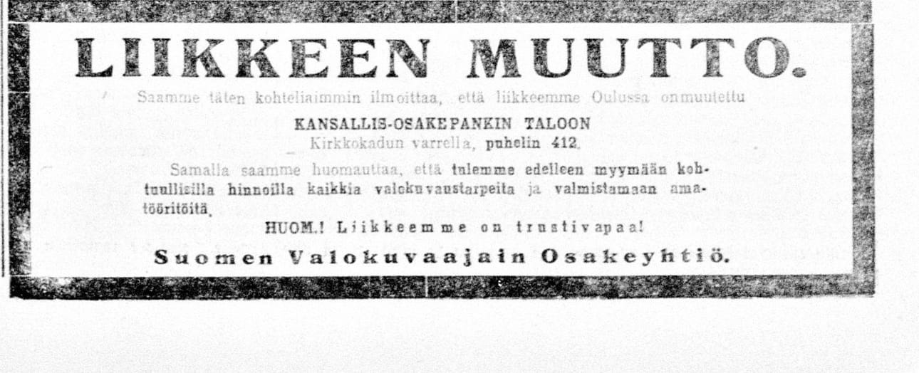 Valokuvausliike ilmoitti muuttavansa Oulussa.