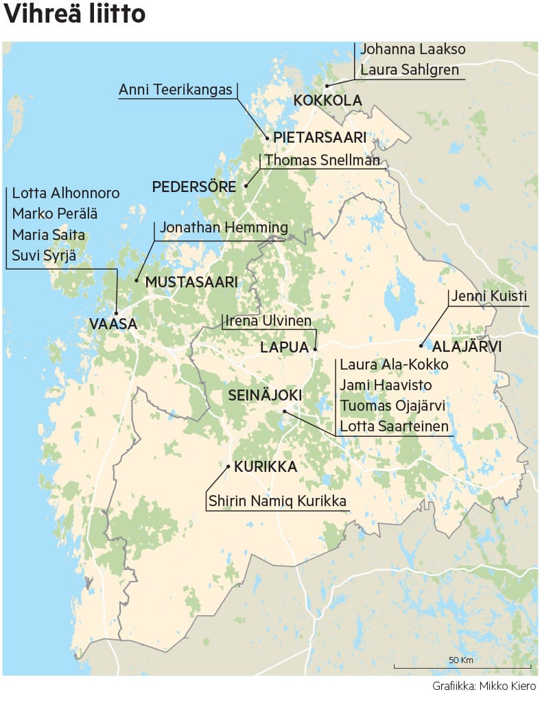 Vihreät ovat asettaneet neljä ehdokasta sekä Seinäjoelta että Vaasasta.
