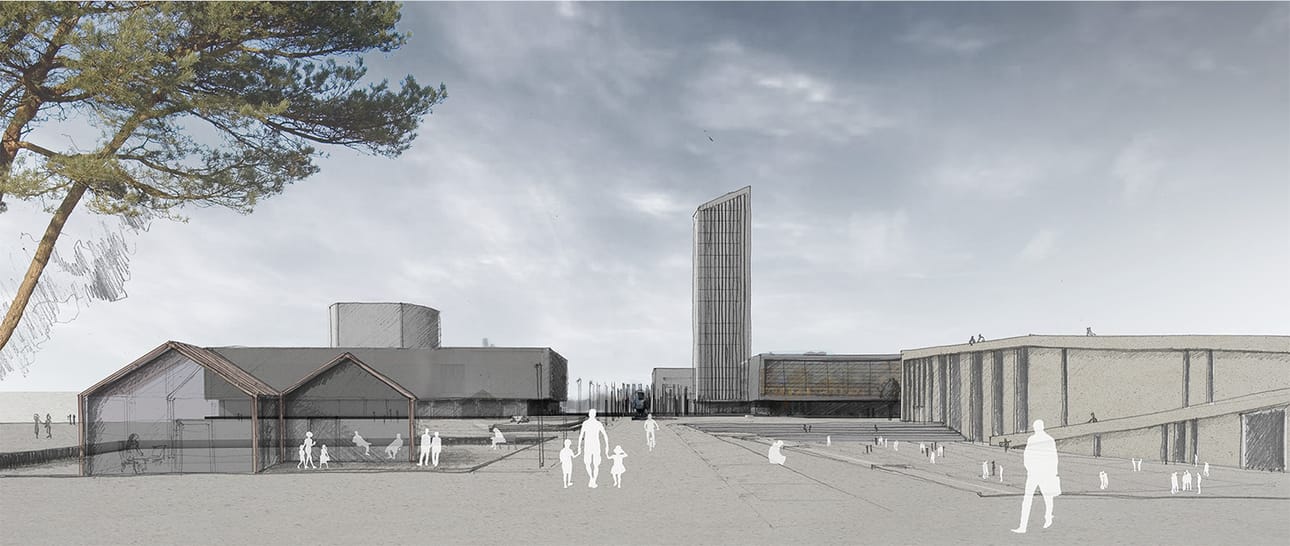 Kirjaston taakse suunnitelmassa nousisi korkea maamerkkirakennus. Myös Toripolliisi-patsas saisi uuden paikan (kuvassa keskellä).