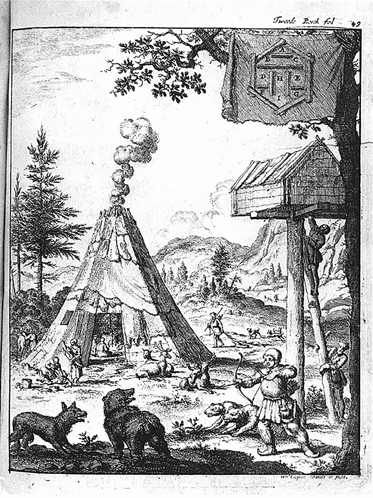 Johannes Schefferin piirros lappalaisten asumuksista ja perhe-elämästä vuodelta 1682. Kuva on julkaistu kirjassa R. Knapas & P. Koistinen: Historiallisia kuvia, 1993.