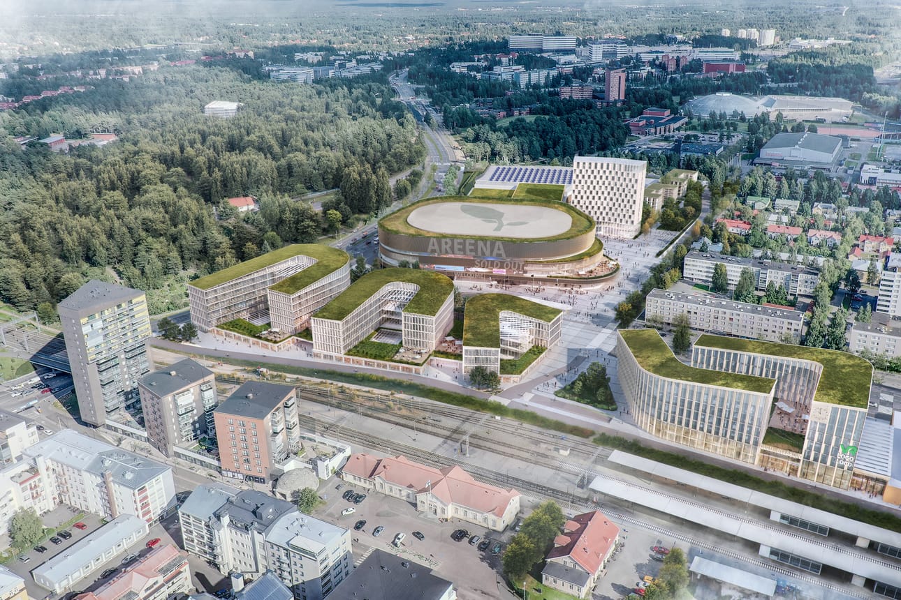 Raksilan markettien ja aseman alueille suunnitellaan areenan lisäksi monenlaista rakentamista. Havainnekuva.