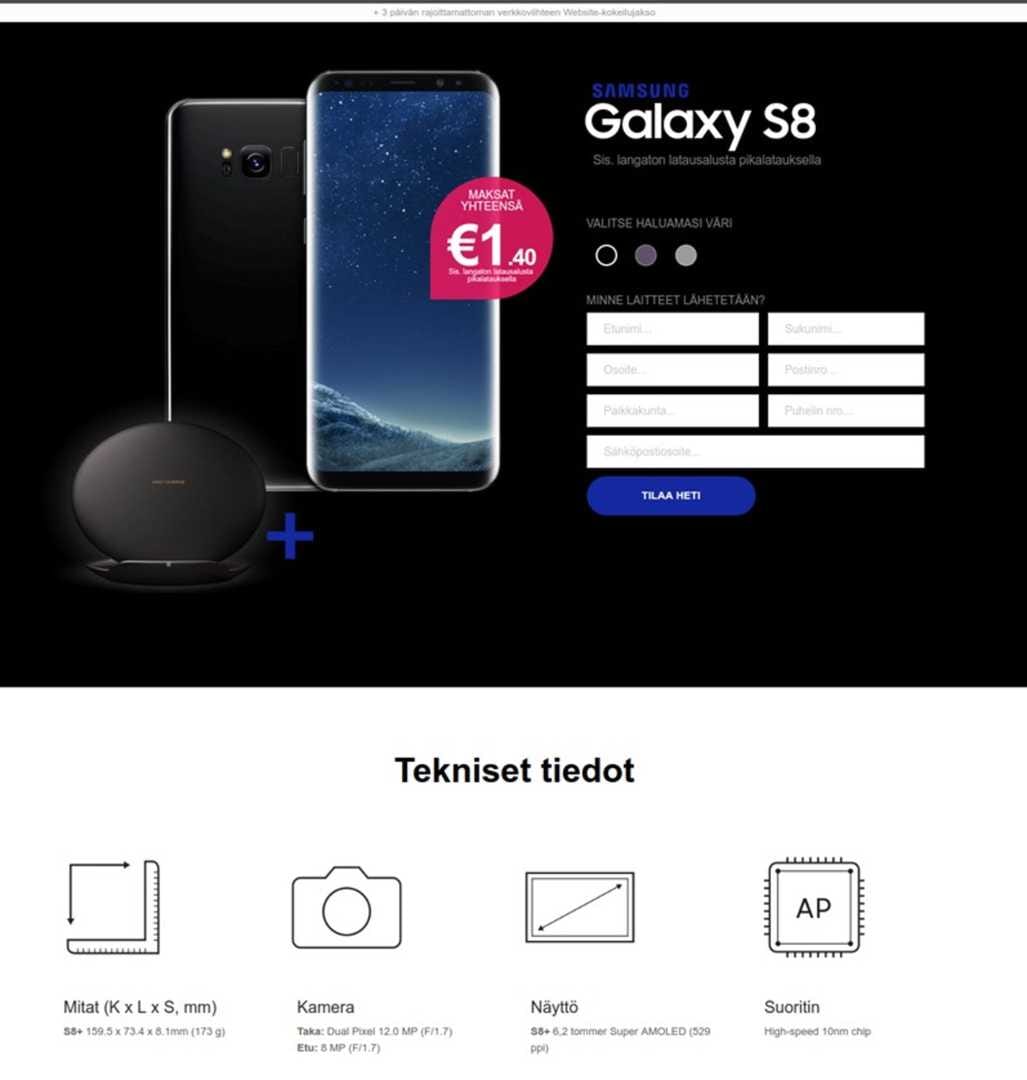 Yksi sähköpostiviesteistä johti sivulle, josta luvattiin Samsungin älypuhelin mitättömän pienellä maksulla. Kuvakaappaus.