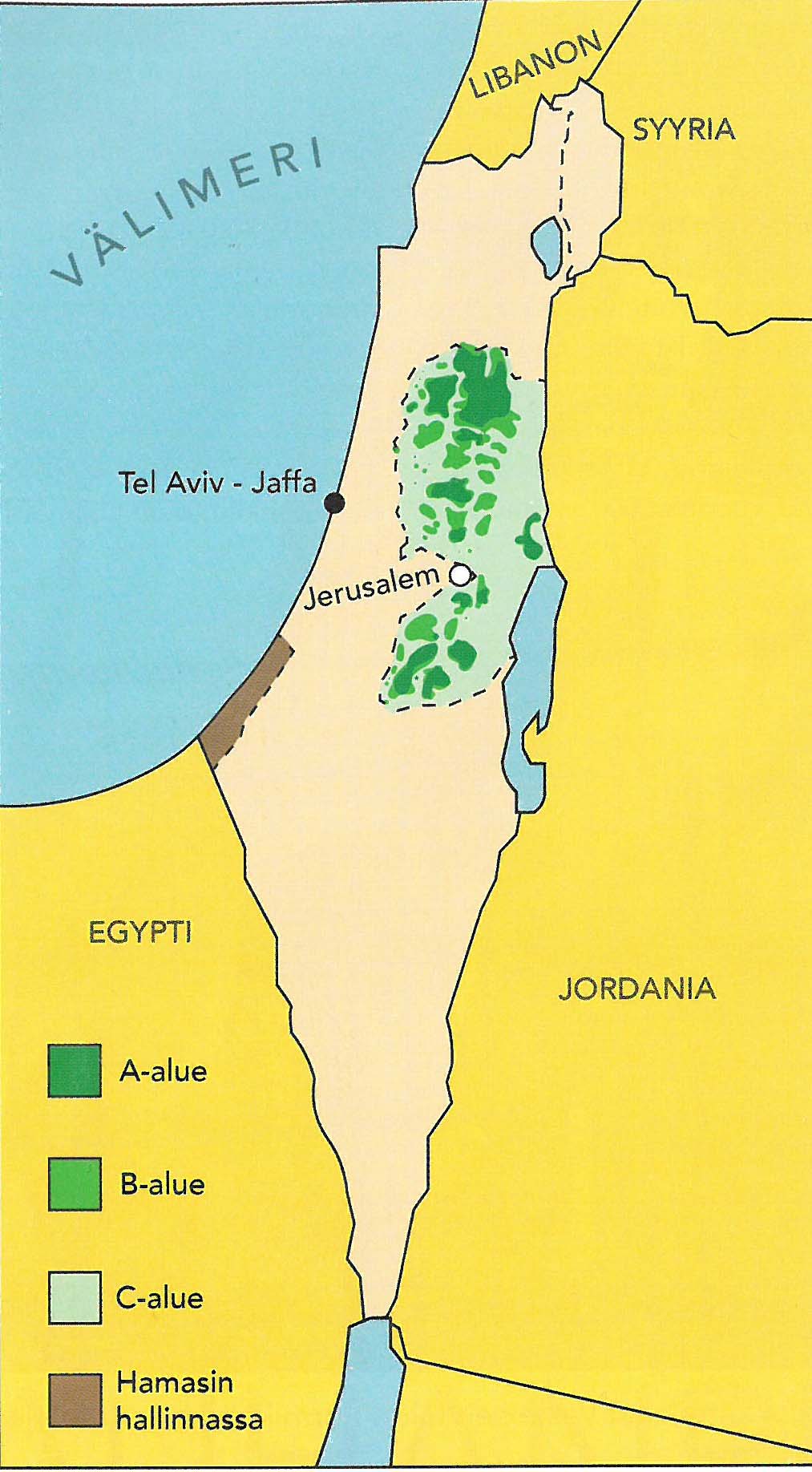 Israelin kartta. 1:llä merkitty tummimman vihreät alueet ovat PLO:n täysin hallitsemia paikkoja, 2:lla merkitys hieman vaaleamman vihreät ovat muodollisesti palestiinalaisten hallinnassa, käytännössä Israelin armeija valvonnassa olevia alueita. Vaaleimman vihreät 3-ale on täysin Israelin armeija kontrollissa, jonne Israel laajentaa siirtokuntiaan. Ruskealla merkitty alue on Gaza, jota hallitsee Hamas.