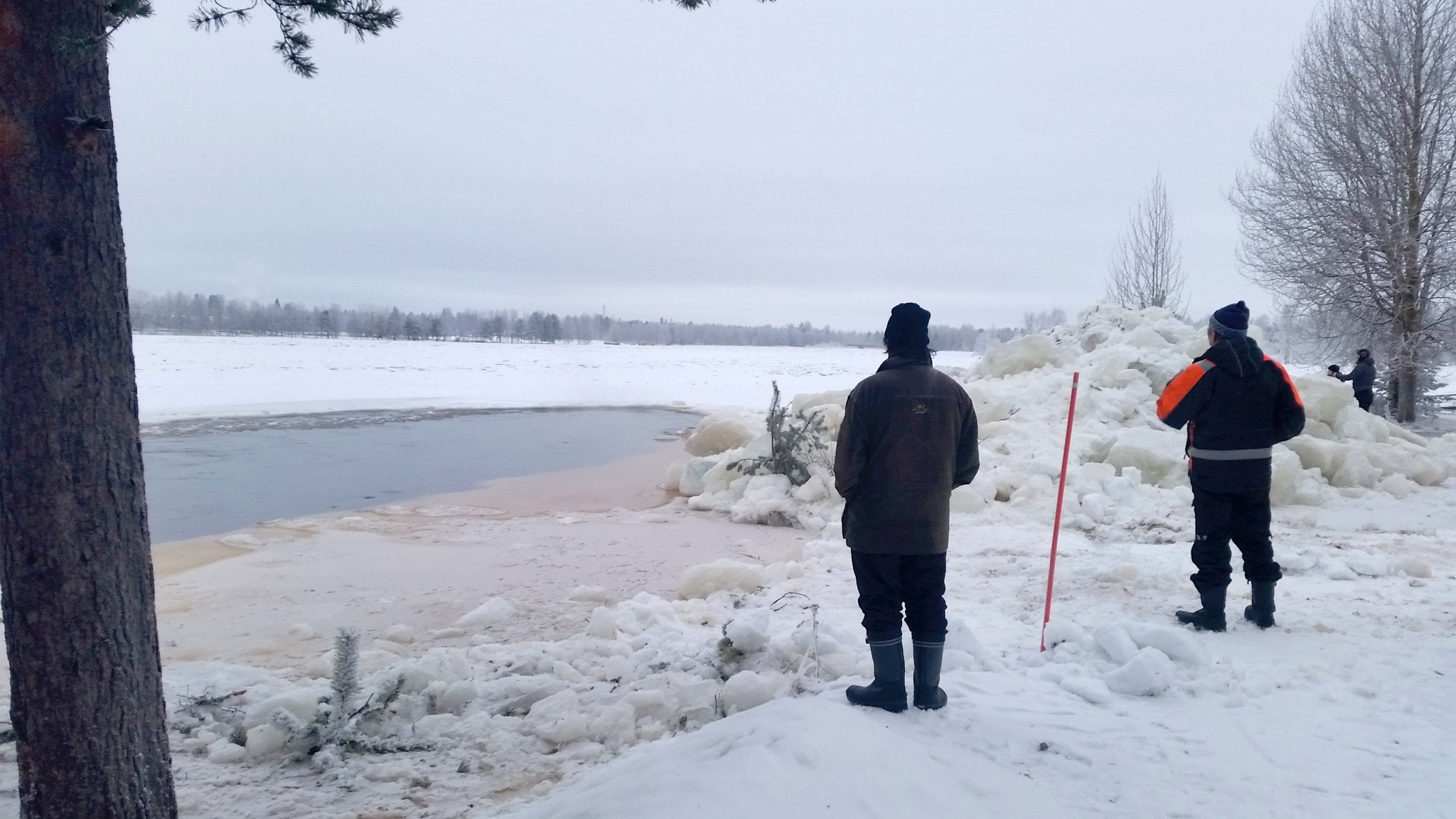 Näkymä Koskenhovin rannasta Rajamaan rantaan päin lauantai-iltana. Kurenkosken uoma on saatu kaivinkoneella aukaistua ja veden nousu pysäytettyä.