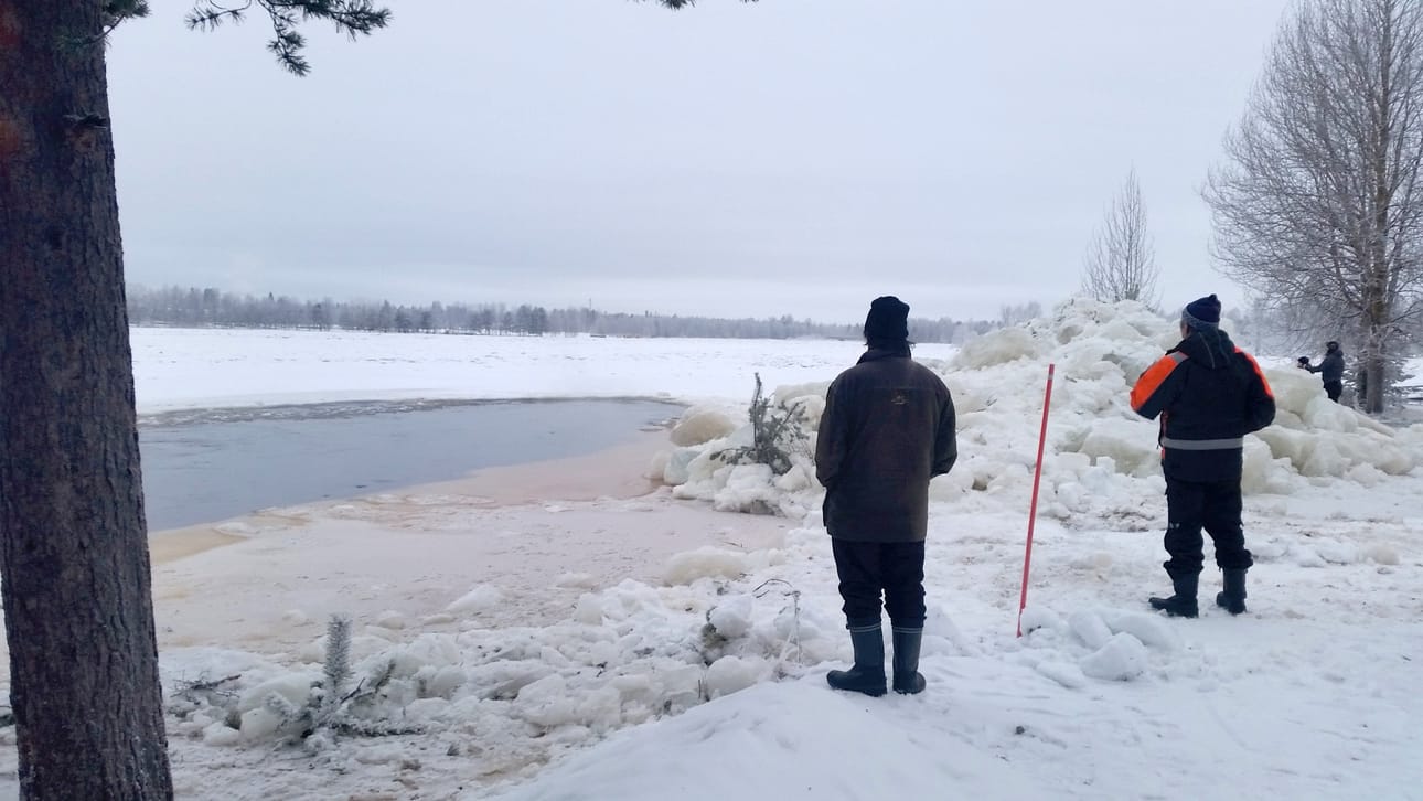 Näkymä Koskenhovin rannasta Rajamaan rantaan päin lauantai-iltana. Kurenkosken uoma on saatu kaivinkoneella aukaistua ja veden nousu pysäytettyä.