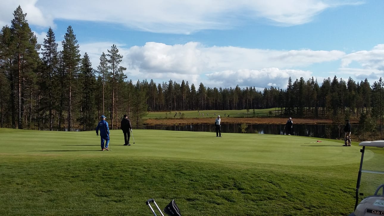 Pelaajia greenillä 14 ja taka-alalla väylällä15