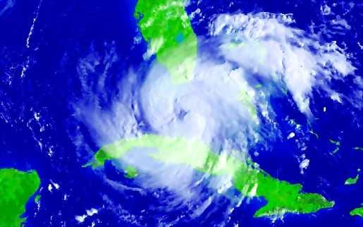 Meksikonlahdella. Satelliittikuva näyttää, kuinka hurrikaani Rita lähestyy Floridaa (Florida kuvassa ylhäällä). Hurrikaanin alapuolella on Kuuba ja vasemmallapilkistää Meksikoon kuuluva Jukatanin niemimaa.