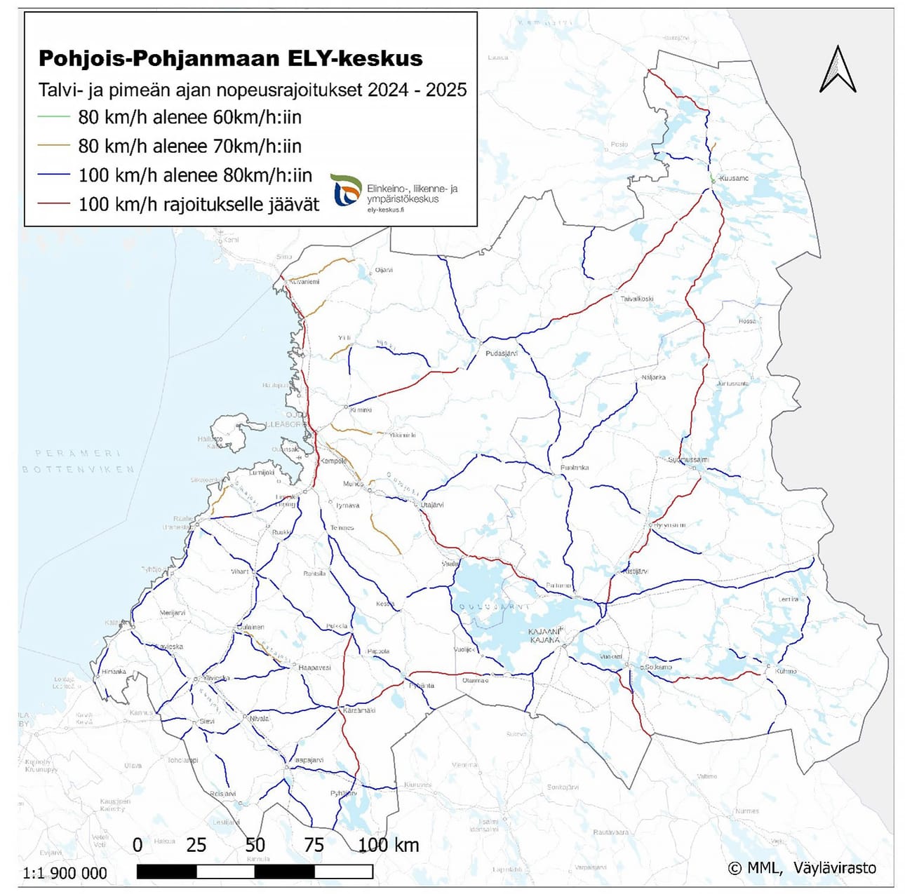 Talvi- ja pimeän ajan nopeusrajoituksien muuttumiset maakunnassa.