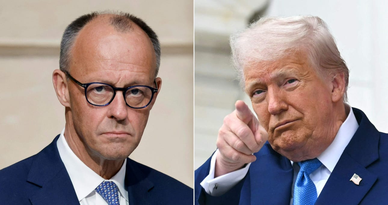 Saksan liittokansleri Friedrich Merz (vas.) tapaa ensimmäistä kertaa Yhdysvaltain presidentti Donald Trumpin. LEHTIKUVA/AFP