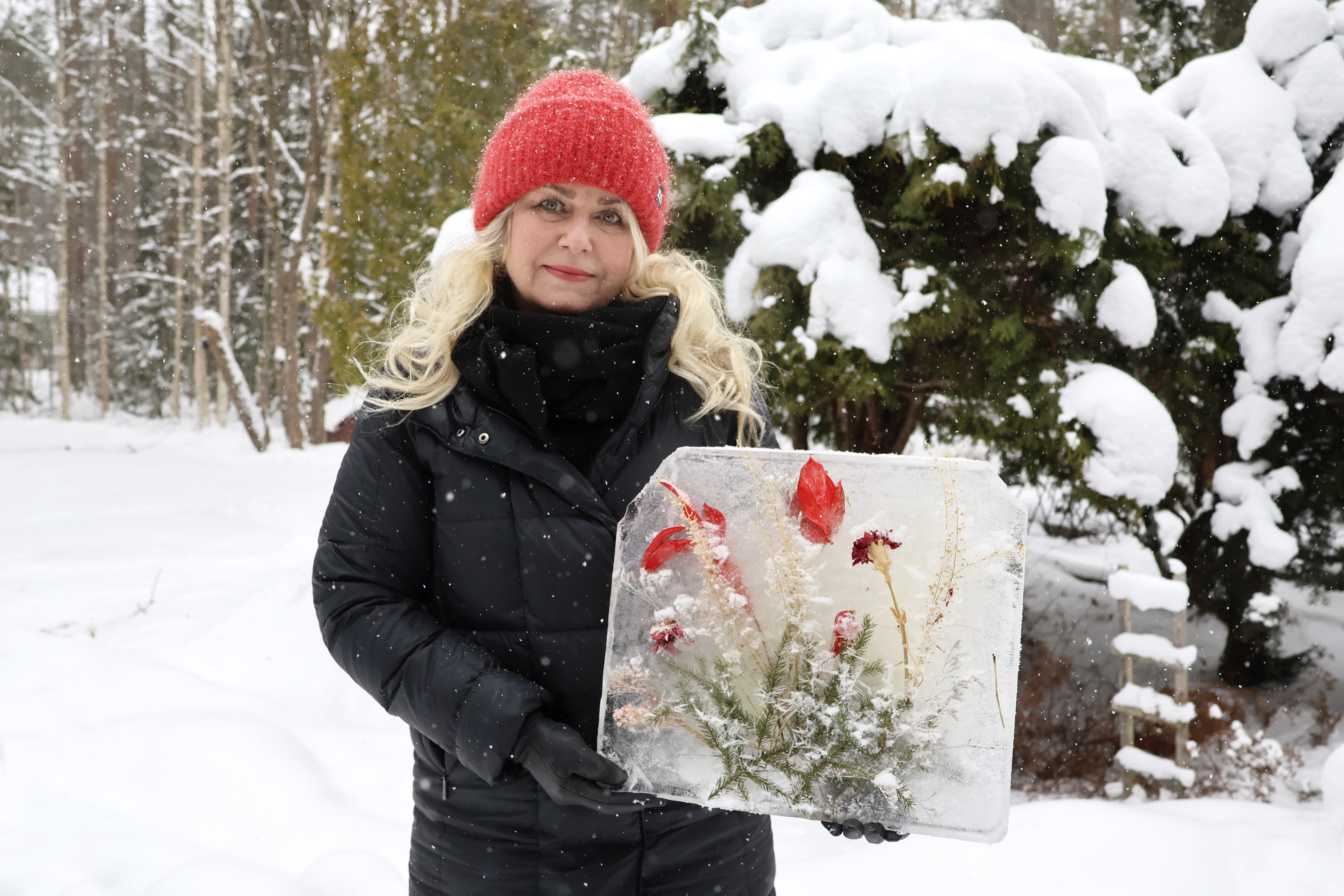 Henkeäsalpaavan kauniit jääkukkalaatat koristavat Regina Ketomäen pihaa – "Kuihtuneet kukat saavat uuden elämän"