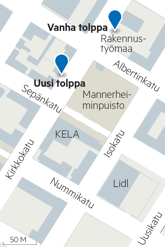 Kirkkokadun taksitolppa on vaihtanut paikkaa.