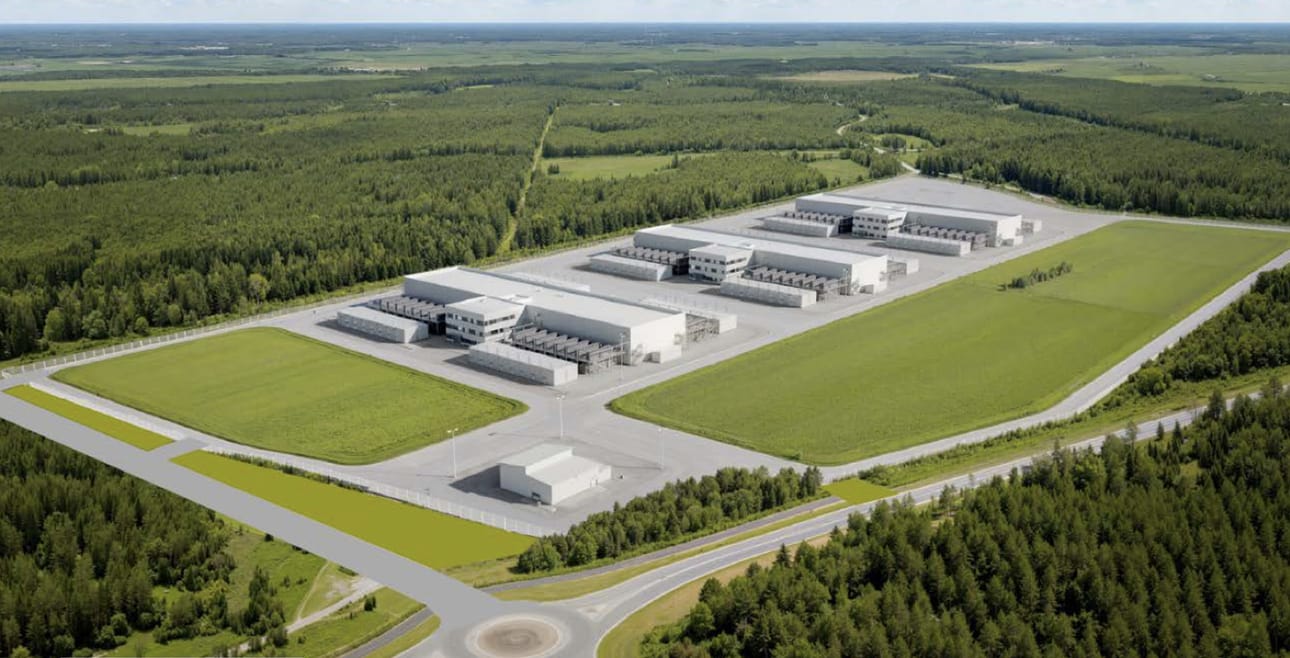 Tältä datakeskuksen ensimmäinen vaihe näyttää havainnekuvassa. Kuvassa oikealla yläreunassa mutkitteleva tie kuvaa Ämmäläntietä. Havainnekuva: Pure DC, Seinäjoen kaupungin asemakaavamateriaalit.