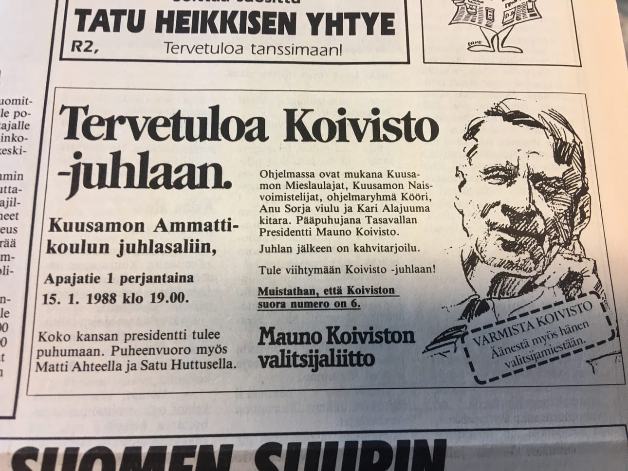 Mainos Koillissanomissa 15. tammikuuta 1988 pidetystä Koivisto-juhlasta.