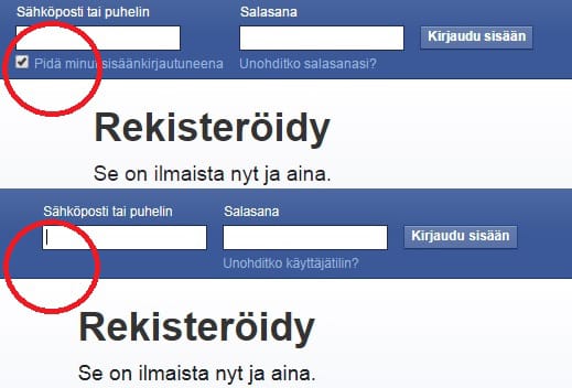 Facebookin kirjautumissivulta on poistunut "pidä minut sisäänkirjautuneena"-toiminto. Joissain selaimissa tai selainversioissa toiminto saattaa vielä näkyä.
