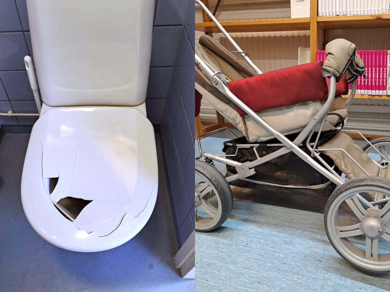 WC-istuimen kannelle on todennäköisesti noustu seisomaan. Rattaiden runko meni rikki, kun nuoret lykkivät rattailla toisiaan kirjaston käytävillä.