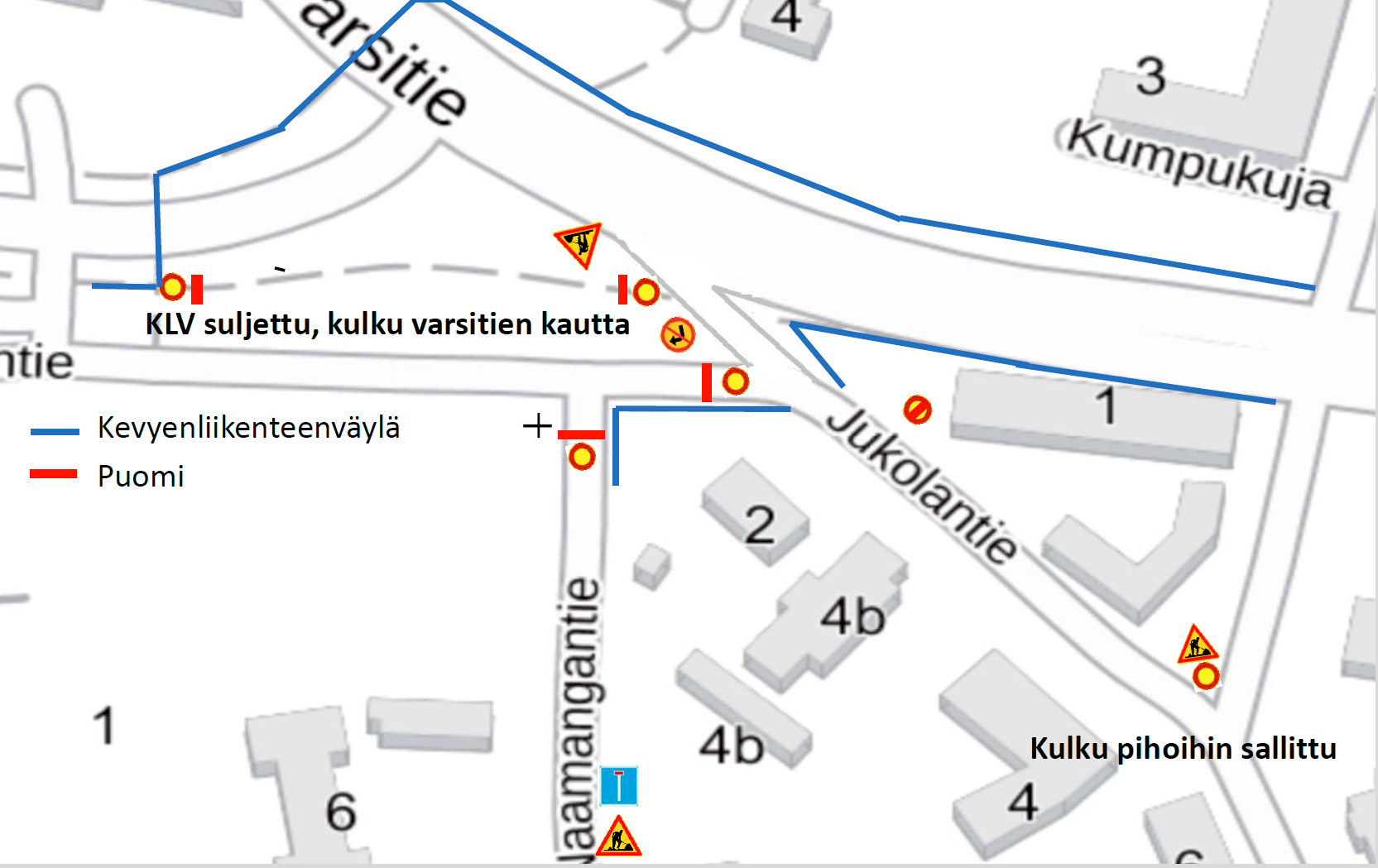 Maanrakennus J. Päkkilän katu- ja vesihuoltotyöt muuttavat väliaikaisesti Varsitien, Jukolantien ja Naamangantien liikennejärjestelyjä.