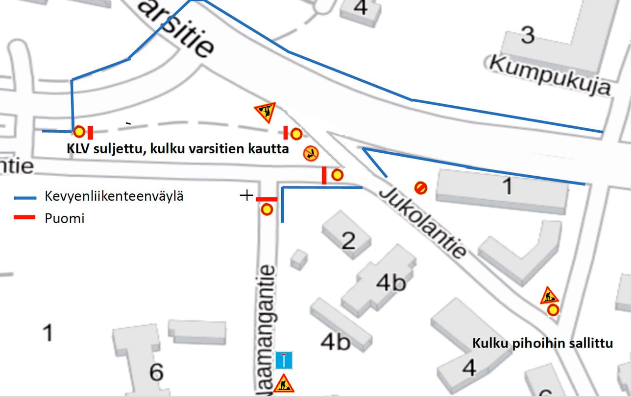 Maanrakennus J. Päkkilän katu- ja vesihuoltotyöt muuttavat väliaikaisesti Varsitien, Jukolantien ja Naamangantien liikennejärjestelyjä.