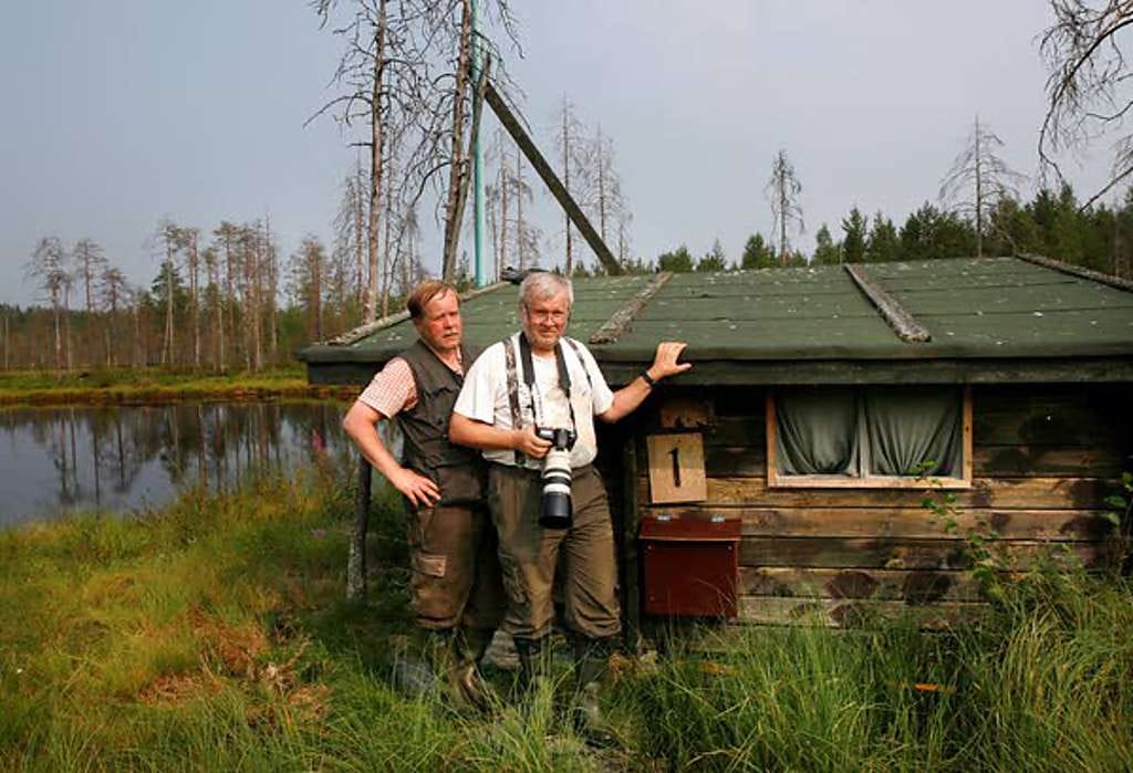 Luonnon kuvaamista jo vuosikymmeniä harrastaneet veljekset Kari (vas.) ja Seppo Kemppainen kuvaavat karhuja karhukuvauspalveluja tuottavan yrityksen kojuilta Kuhmon Vartiuksessa.