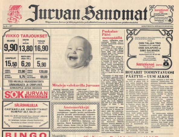 49 vuotta sitten ilmestyneen lehden etusivulla on Taina Puskalan palkittu valokuva nauravasta vauvasta.