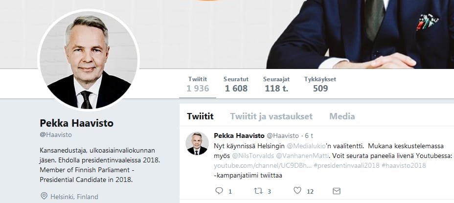 Presidenttiehdokas Pekka Haaviston mukaan hänen Twitter-tiliään joulun alla seurannut "bottiarmeija" jäljitettiin Suomen ulkopuolelle Venäjä-myönteisiin toimijoihin.