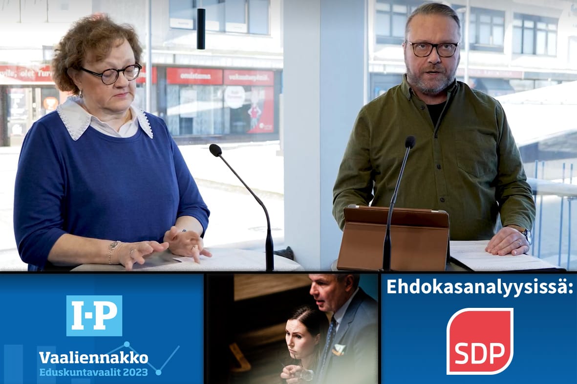 SDP:n kolmas paikka jäi viime vaaleissa reilun tuhannen äänen päähän. Tavoite sen saavuttamiseksi on kova. Kuvassa toimittajat Marja Tyynismaa ja Mikko Kallionpää