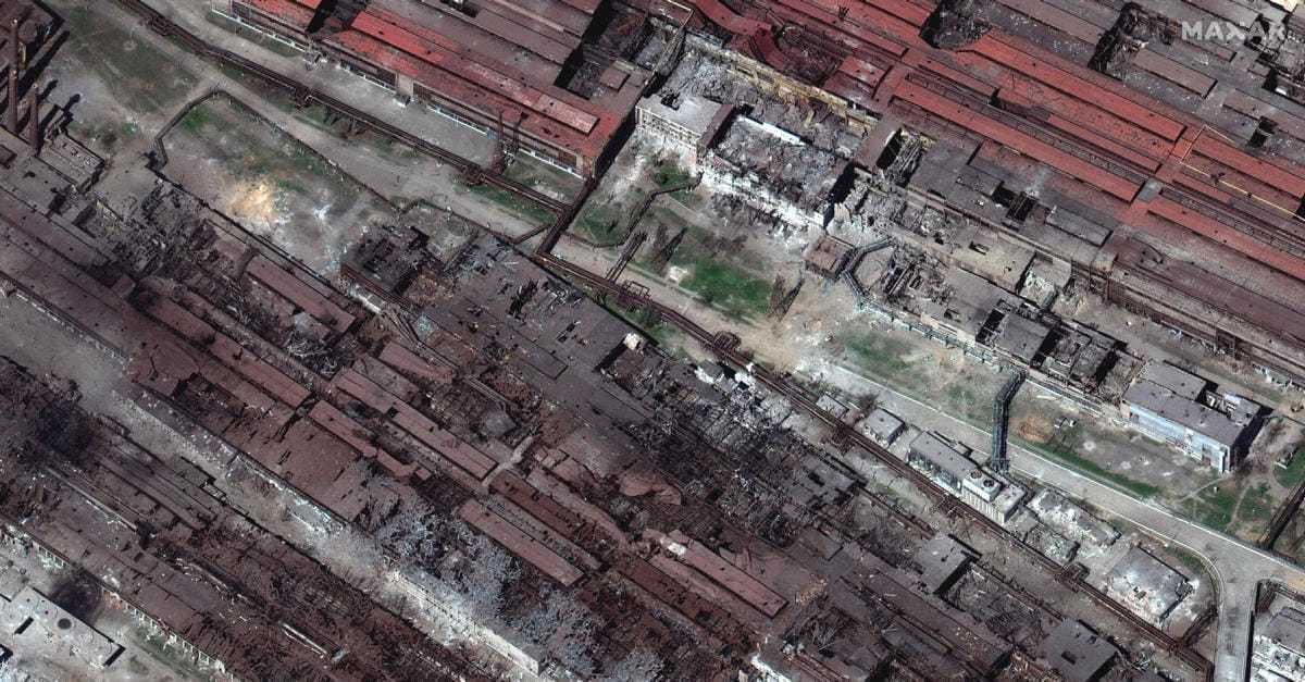 Satelliittikuva Azovstalin terästehtaasta huhtikuun lopulla. LEHTIKUVA / AFP / Maxar Technologies
