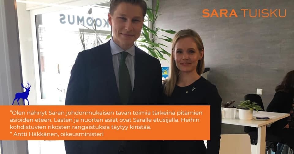 Sara Tuisku ei usko vastikkeettomaan perustuloon. Kokoomuksen eduskuntavaaliehdokkaan mielestä töitä on vielä tehtävänä sen eteen. ”Aktiivimallissamme on korjattavaa, sillä pätkätyöt eivät sovi siihen." kommentoi Tuisku, joka näkee erittäin tärkeäksi myös tunnustaa omaishoitajien työn työksi.