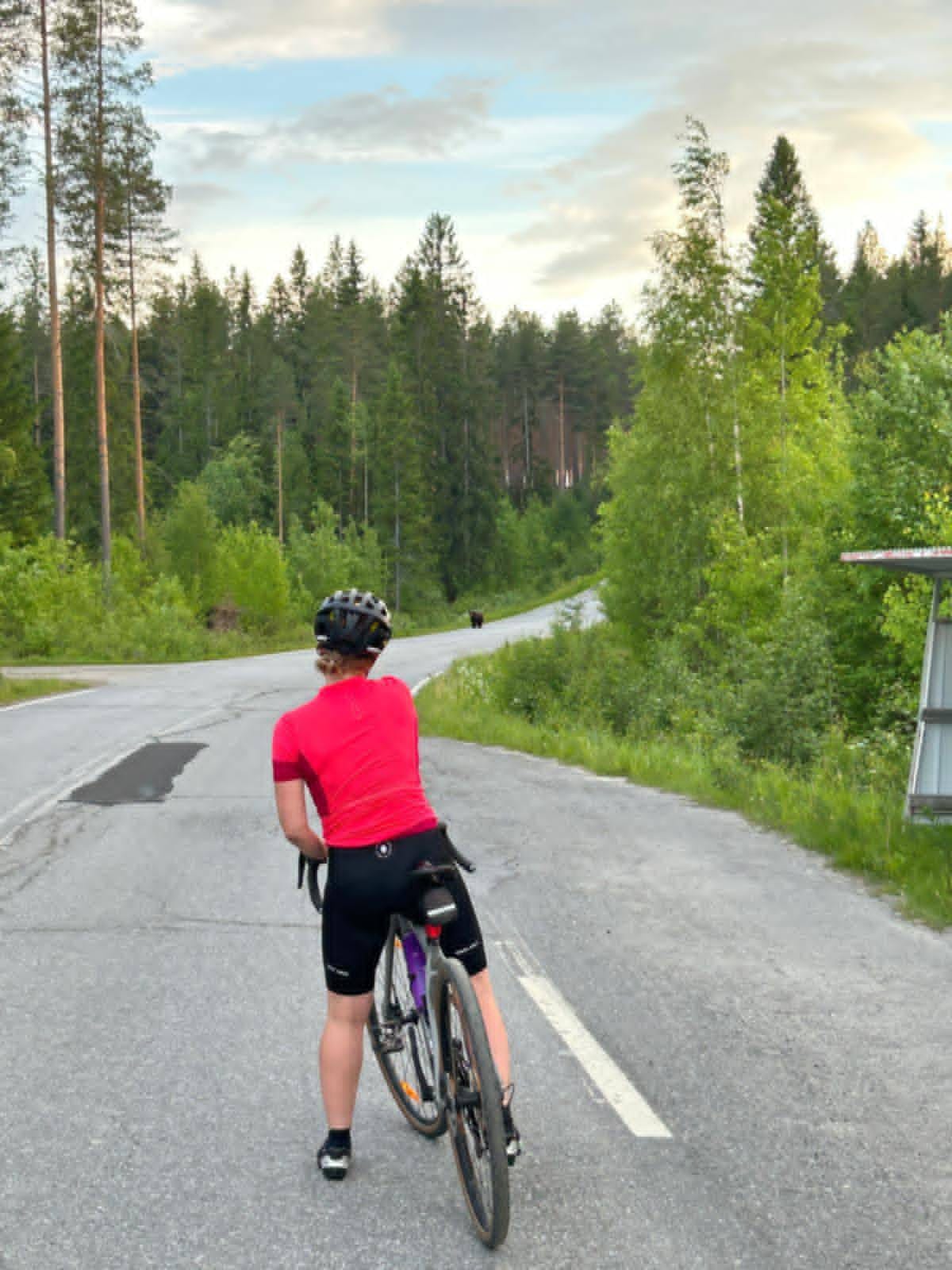 Sisarukset Johanna ja Elmeri Joensuu tapasivat alkuillan kotimatkallaan tien laidassa tallustelevan karhunpennun.