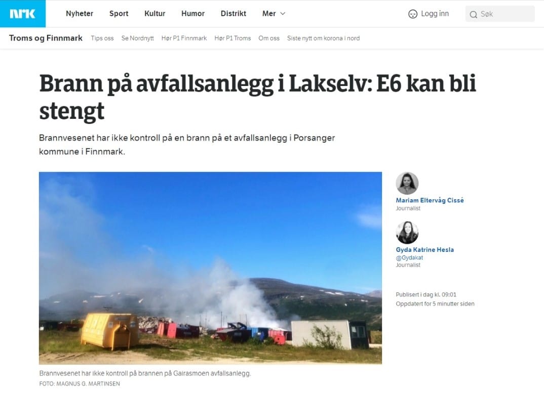 NRK:n mukaan valtatie E6 joudutaan ehkä sulkamaan kaatopaikan palon takia.