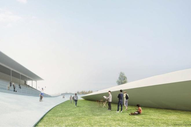 Arkkitehtien alustavat hahmotelmat Malmin jääpallohallista ja Käpylän vanhan velodromin sisään suunnitellusta sisävelodromista. Sisävelodromi maisemoituu kuvassa näkyvän valkoisen kuvun alle. KUVA: KariArkkitehdit LeppänenOY
