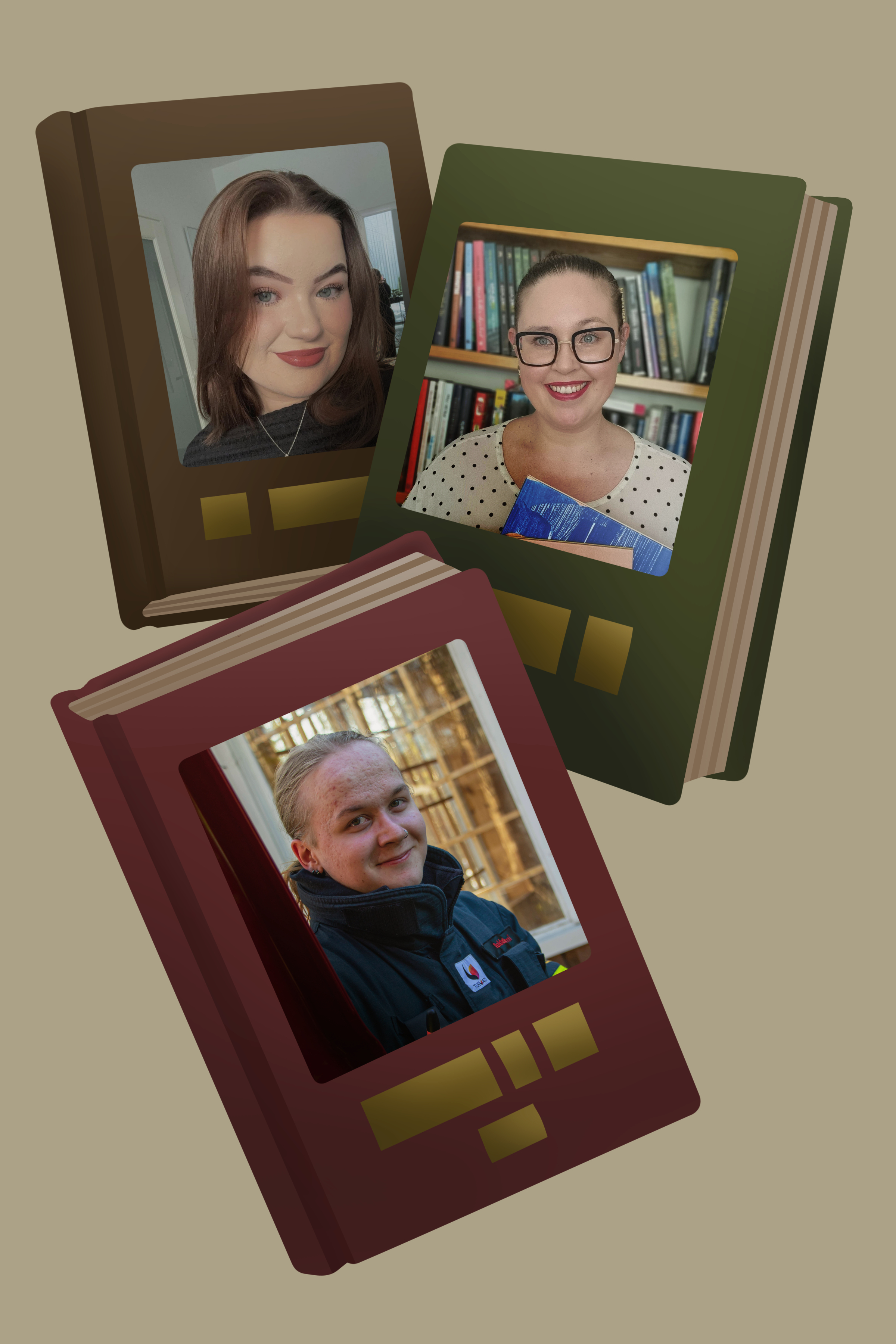 Kuvassa vasemmalla ylälaidassa runotiliä Tiktokissa ylläpitävä Milla-Maaria Niemelä, oikealla kirjallisuuden tutkija Myry Voipio, ja alla kirjaharrastuksestaan kertova Pekka Korteniemi.