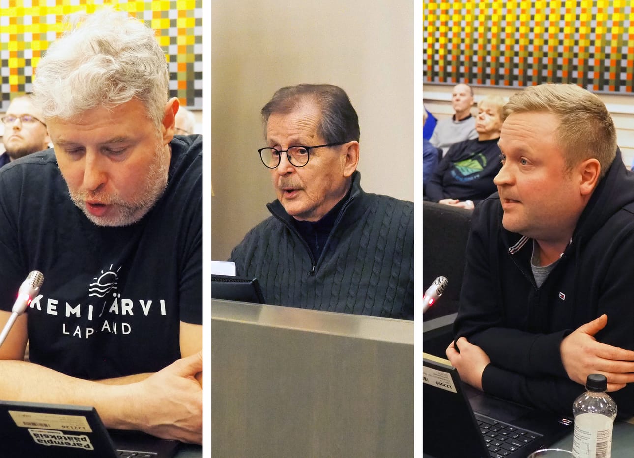 Kemijärvellä perustettu tilapäinen valiokunta on saanut päätökseen työnsä, joka koski kaupunginhallituksen puheenjohtajiston erottamista. Kuvassa keskellä oleva Heikki Nivala (kesk.) on kaupunginhallituksen puheenjohtaja. Varapuheenjohtajina toimivat perussuomalaisten Juhana Kelloniemi (vas.) ja Yhteinen Kemijärvi -valtuustoryhmän Kari-Antti Virkkula (oik.).