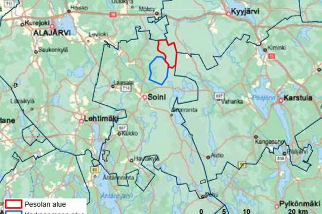 YVA-selvityksessä todetaan, että Korkeanmaan ja Pesolan tuulivoimaloiden hankealue sijaitsee Soinin kunnan pohjoisosassa ja on lähimmillään noin neljän kilometrin etäisyydellä kunnan keskustaajamasta. KARTTAKUVA: YVA-SELVITYS