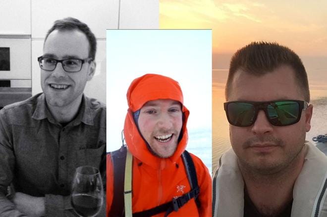 Lumivyöryonnettomuudessa menehtyivät pietarsaarelainen Niklas Nyman(vas.), maalahtelainen Mikael Sten ja mustasaarelainen Andrè Stenfors. Kuvat: Tromssan poliisi