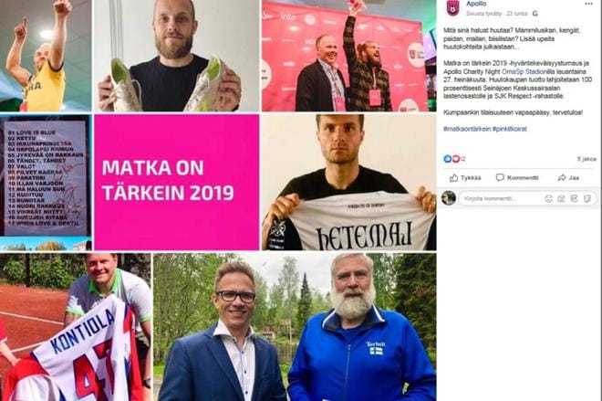 Ylhäältä vasemmalta: 1. Jani Andreasen (huutokaupan meklari), 2. Teemu Pukki, 3. Jari Kujala (Apollon urheilutoimenjohtaja) ja viime vuoden Most Valuable Player Juha Järvinen. Keskellä vasemmalta: 1. Ville Valo & Agents -biisilista Provinssista, 2. Perparim Hetemaj. Alhaalta vasemmalta: 1. Petri Kontiola, 2. Sami Siikala (Apollon aateloitu kapteeni) ja Juha Mieto mämmilusikoineen. Kuvakaappaus Apollon Fb-sivuilta.