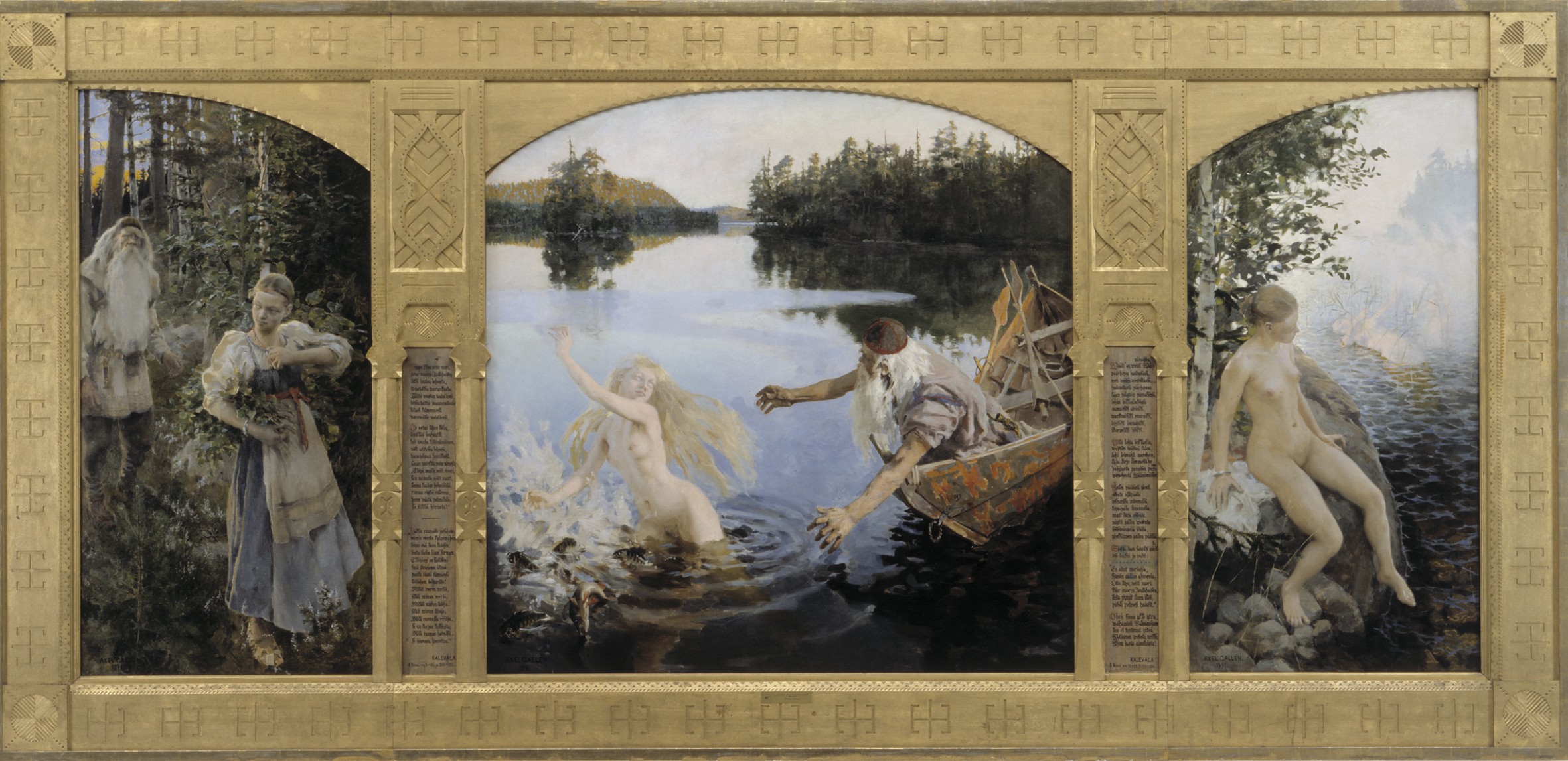 Ateneumin Akseli Gallen Kallelan Aino-taru, triptyykki vuodelta 1891 löytyy Suomen taiteen tarina -kokoelmanäyttelystä Helsingistä.

