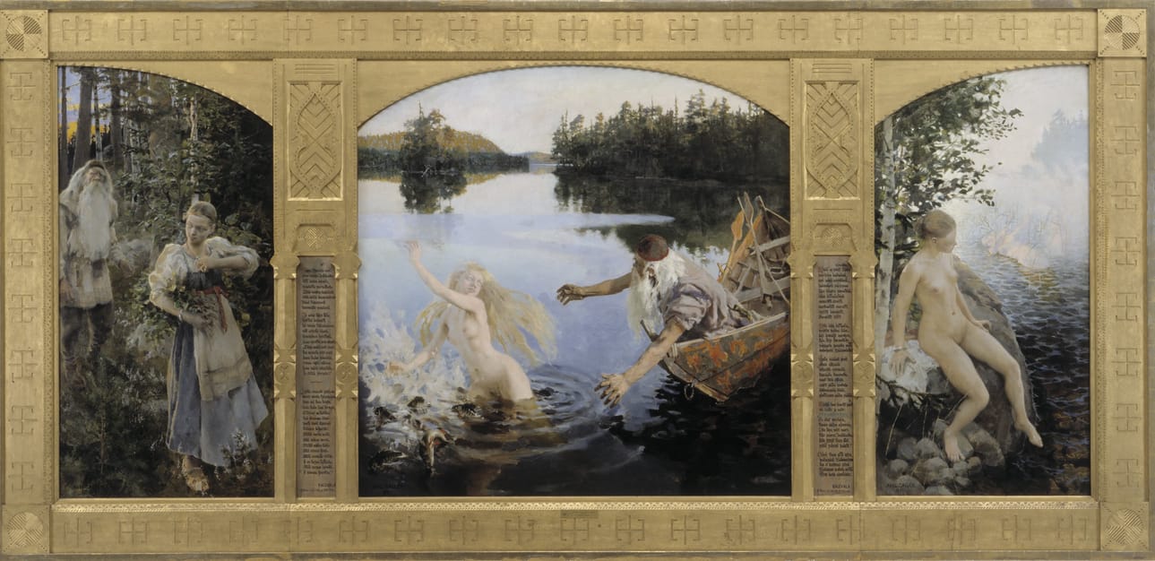 Ateneumin Akseli Gallen Kallelan Aino-taru, triptyykki vuodelta 1891 löytyy Suomen taiteen tarina -kokoelmanäyttelystä Helsingistä.