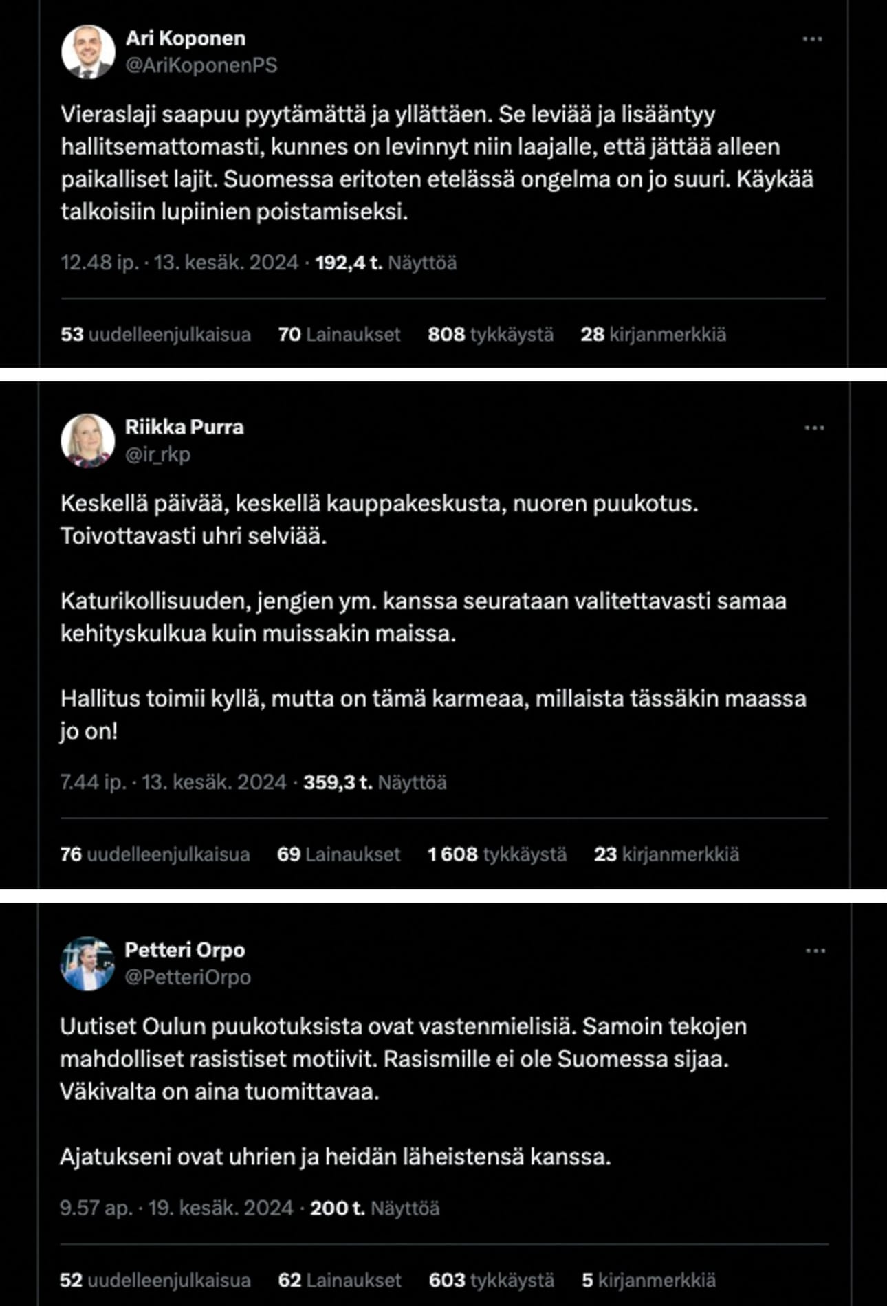 Perussuomalaisten kansanedustajan Ari Koposen, valtiovarainministerin ja perussuomalaisten puheenjohtajan Riikka Purran sekä pääministerin ja kokoomuksen puheenjohtajan Petteri Orpon viestejä X:ssä. LEHTIKUVA