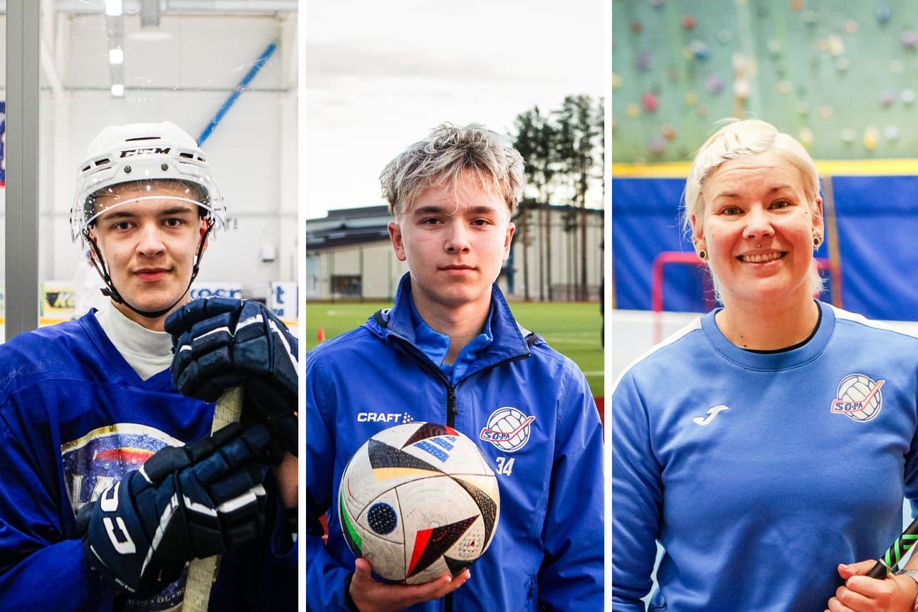 Joona Mäkelä (jääkiekko), Leevi Harjuniemi (jalkapallo) ja Anniina Marjala (salibandy) pelaavat sarjapelejä SoPan edustusjoukkueissa.