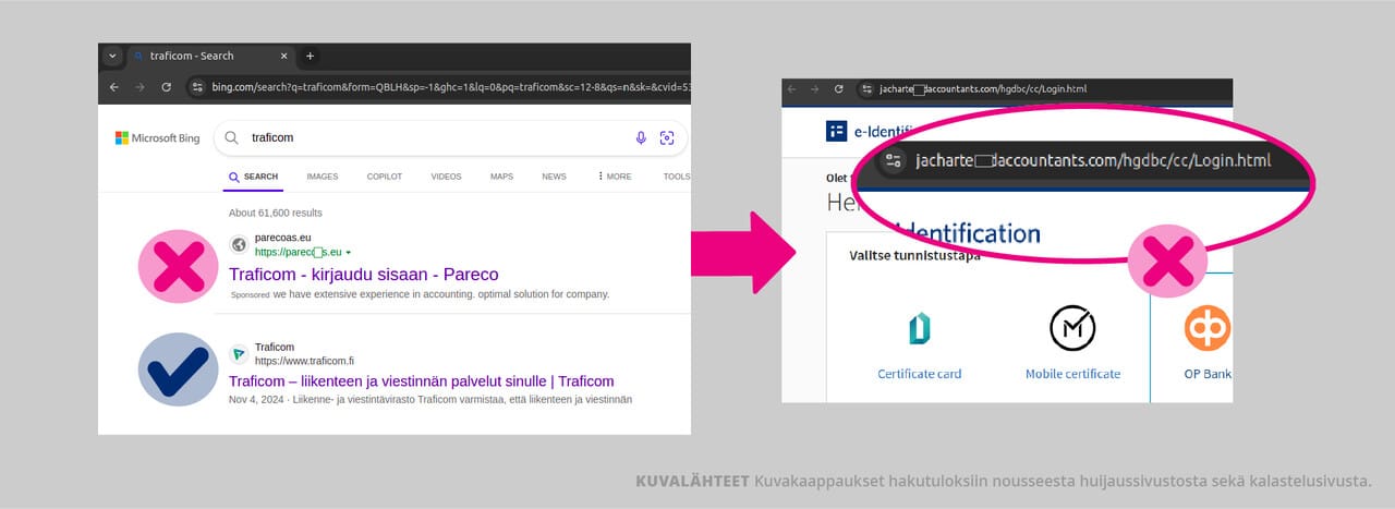 Huijarin tekemän hakutulosmainoksen voi tunnistaa selvästi väärästä osoitteesta, joka ei johda oikealle viranomaisen sivulle.