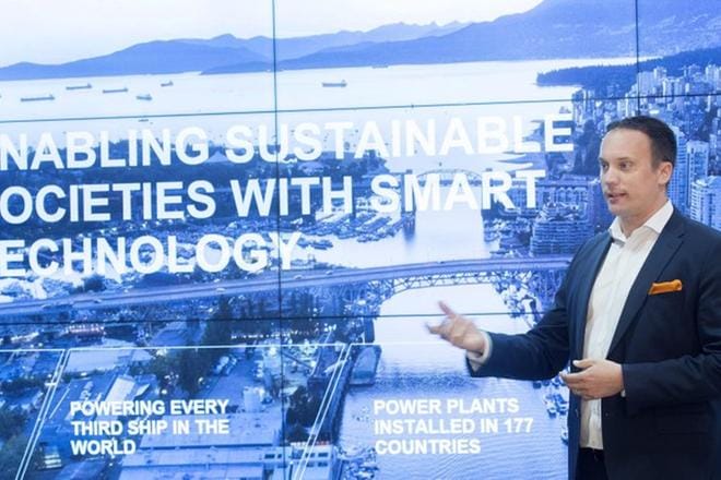 Wärtsilä Finlandin Hannu Mäntymaa kertoi yhtiön näkymistä pohjalaisilla aamukahveilla Alma-talossa Helsingissä. KUVAT: MAURI RATILAINEN/COMPIC