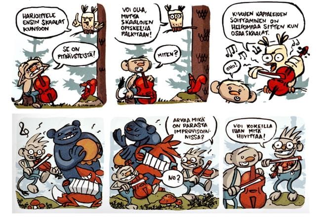 Peikkometsän selloasteikot -teoksessa Pikkupeikko opettelee aluksi tylsältä tuntuvia selloasteikkoja. Pikkuinen peikko huomaa eläinystäviensä avustuksella myös sen, miten helppoa ja hauskaa improvisaatio on asteikkojen oppimisen jälkeen.