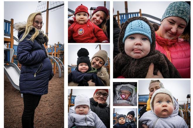 Vaasan keskussairaalassa työskentelevät kätilöt ja heidän vauvansa. Ensimmäinen vauva, Isabel (ylhäällä keskellä), syntyi tämän vuoden helmikuussa, Sara Janssonin (vas.) vauvan laskettu aika on ensi maanantaina. Katraan kymmenennen vauvan olisi määrä syntyä ensi vuoden tammikuussa. KUVAT: PAULA KASKIMAA