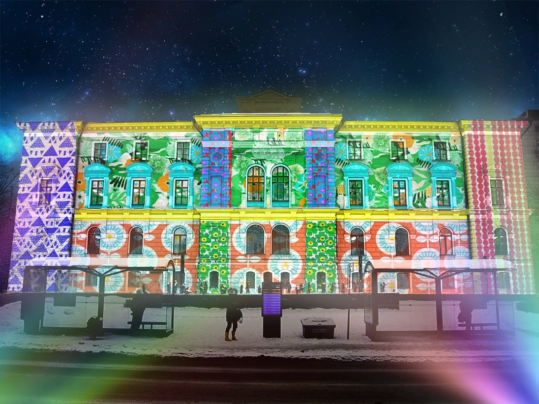 Havainnekuva kaupungintalon Colored Mosaic -valaistuksesta.