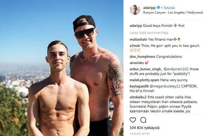 Laihialaislähtöinen Jussi-Pekka Kajaala, 30, ja taitoluistelun yhdysvaltalainen olympiamitalisti Adam Rippon, 28, löysivät yhteisen onnen. Kuvakaappaus: Adam Ripponin Instagram-tili