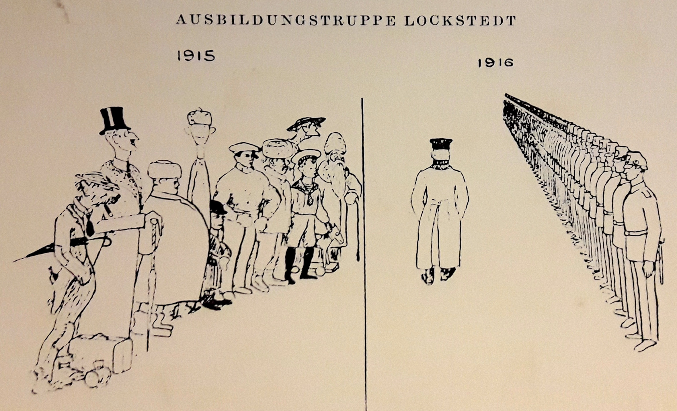 Havainnollinen karikatyyri siitä, miten sekalaisesta joukosta suomalaisia vapaaehtoisia muokattiin Saksan armeijan keinoilla Lockstedter Lagerissa yhtenäinen ja kurinalainen armeija. (Hohenlockstedtin kotiseutumuseon kokoelma.  )