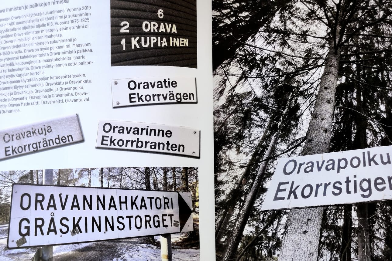 Oravan ja ihmisen tiet ovat kohdanneet pitkään, ja se näkyy esimerkiksi erilaisissa kylteissä, kuten kirjan kuvitus kertoo.