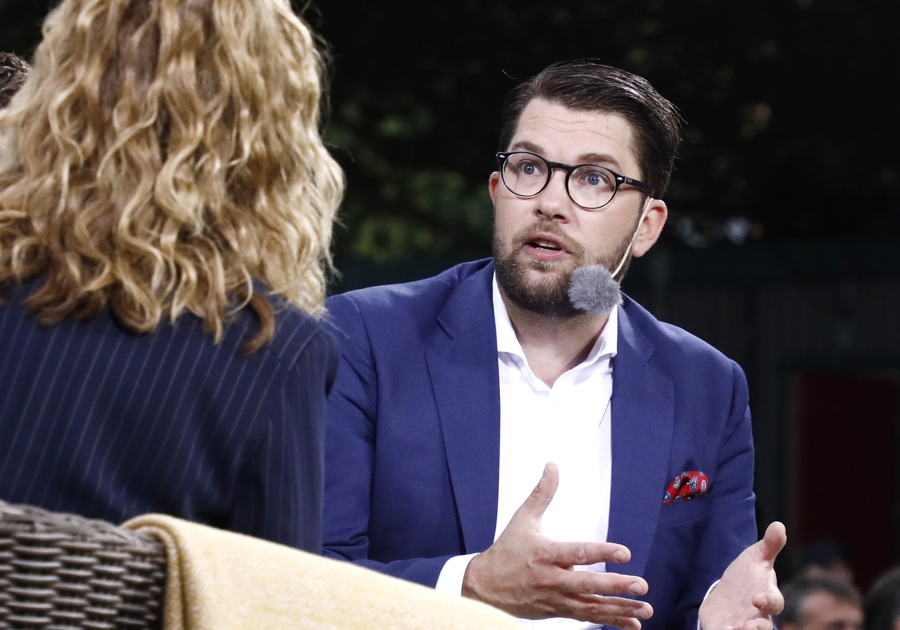 Ruotsidemokraattien puoluejohtaja Jimmie Åkesson TV4:n haastattelussa Visbyssä Gotlannissa Ruotsin tärkeimmässä politiikkatapahtumassa Almedalsveckanissa heinäkuussa.