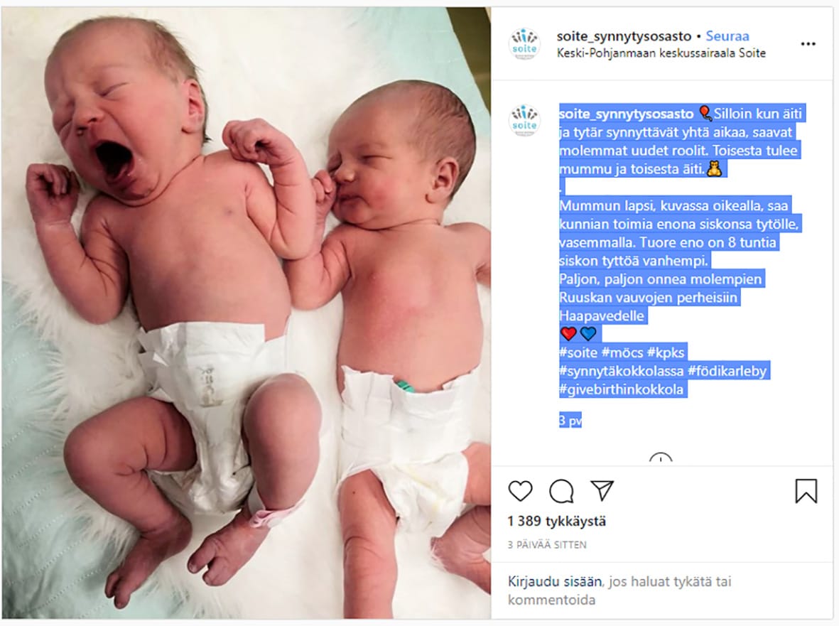 Tällainen kuva julkaistiin Ruuskan perheiden vauvoista Keski-Pohjanmaan Keskussairaala Soiten synnytysosaston Instagram-tilillä.